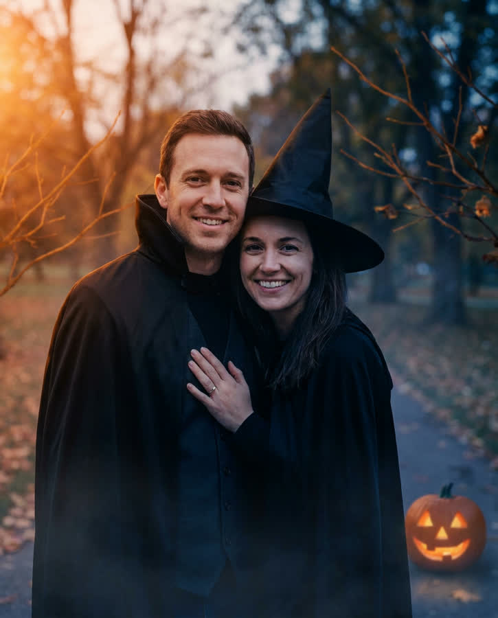 The same couple, the same photograph, in Halloween costume