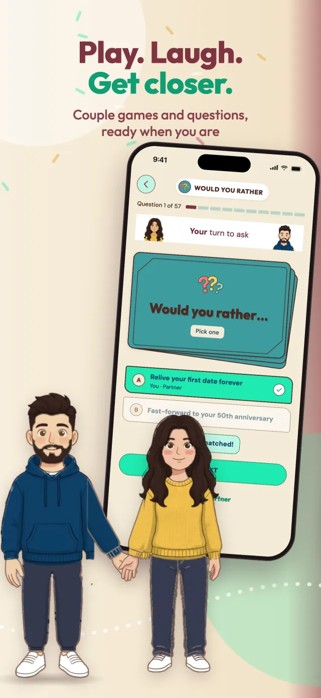 CoupleMoment App Store screenshot: a Would You Rather card on iPhone, with Maya and Ben